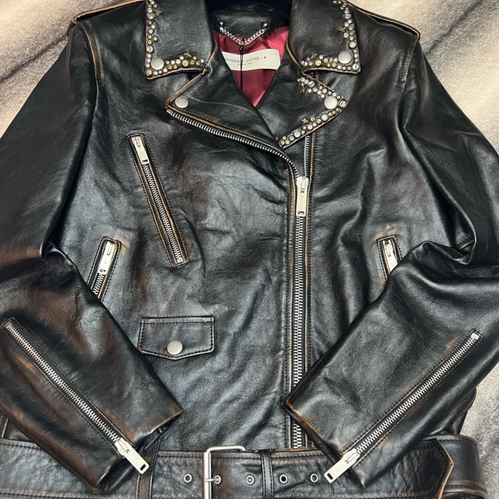 Golden Goose Chiodo Golden Distressed Studs Leather Jacket Black